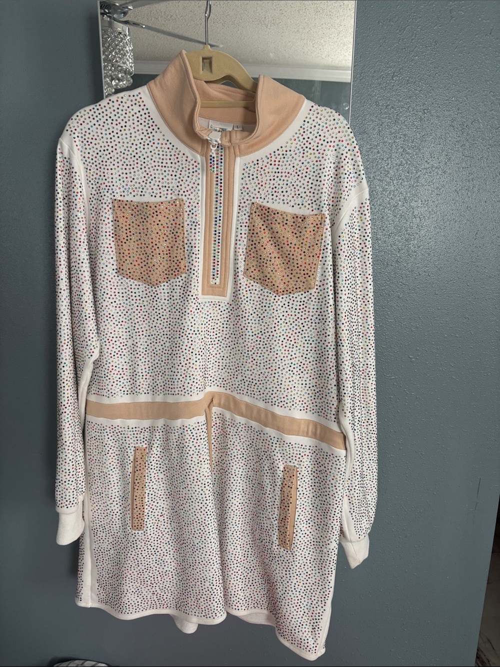QUEEN OF SPARKLES White Multicolor Dotted Midi Dress with Tan Accents